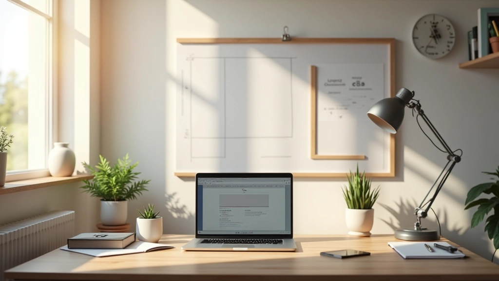 Modern çalışma masası, tasarlanmış ve organize, motivasyon panosu, sabah ışığı